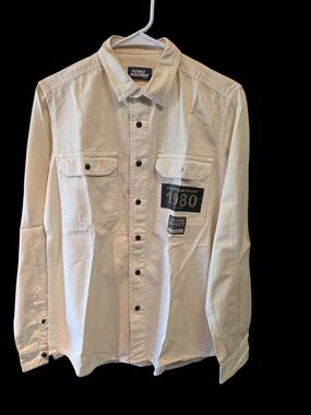 Flying Machine Men's Light Cream Button-Front Shirt Jacket WWOT